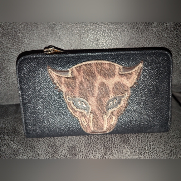 Stella McCartney Vegan Leather Calf Hair Leopard Zip Around Wallet Black VGUC - Picture 6 of 11